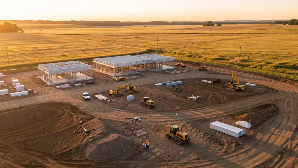 aerial imaging in progress at a construction site in Geneva, IL with local terrain visible