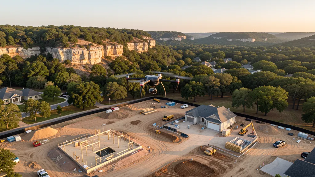 aerial imaging in progress at a construction site in Georgetown, TX with local terrain visible