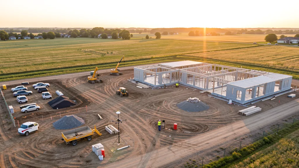 aerial imaging in progress at a construction site in Glendale Heights, IL with local terrain visible