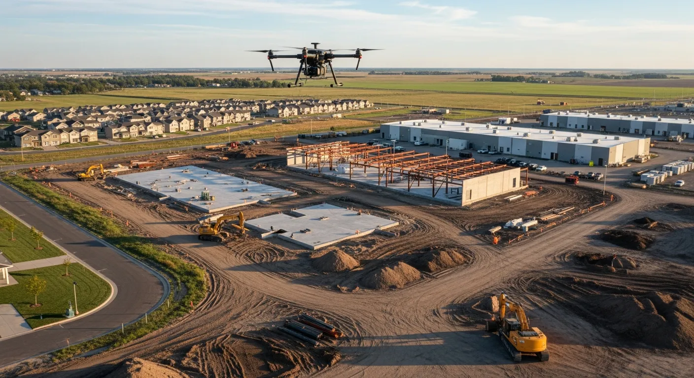 aerial imaging in progress at a construction site in Grand Island, NE with local terrain visible