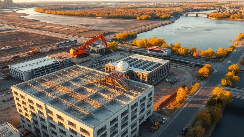 aerial imaging in progress at a construction site in Grand Rapids, MI with local terrain visible
