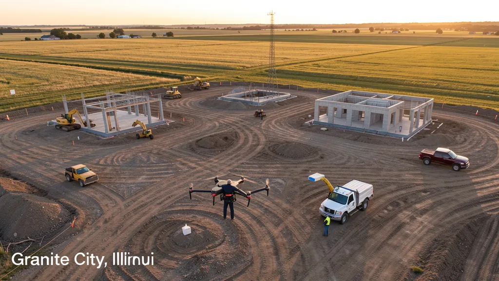 aerial imaging in progress at a construction site in Granite City, IL with local terrain visible