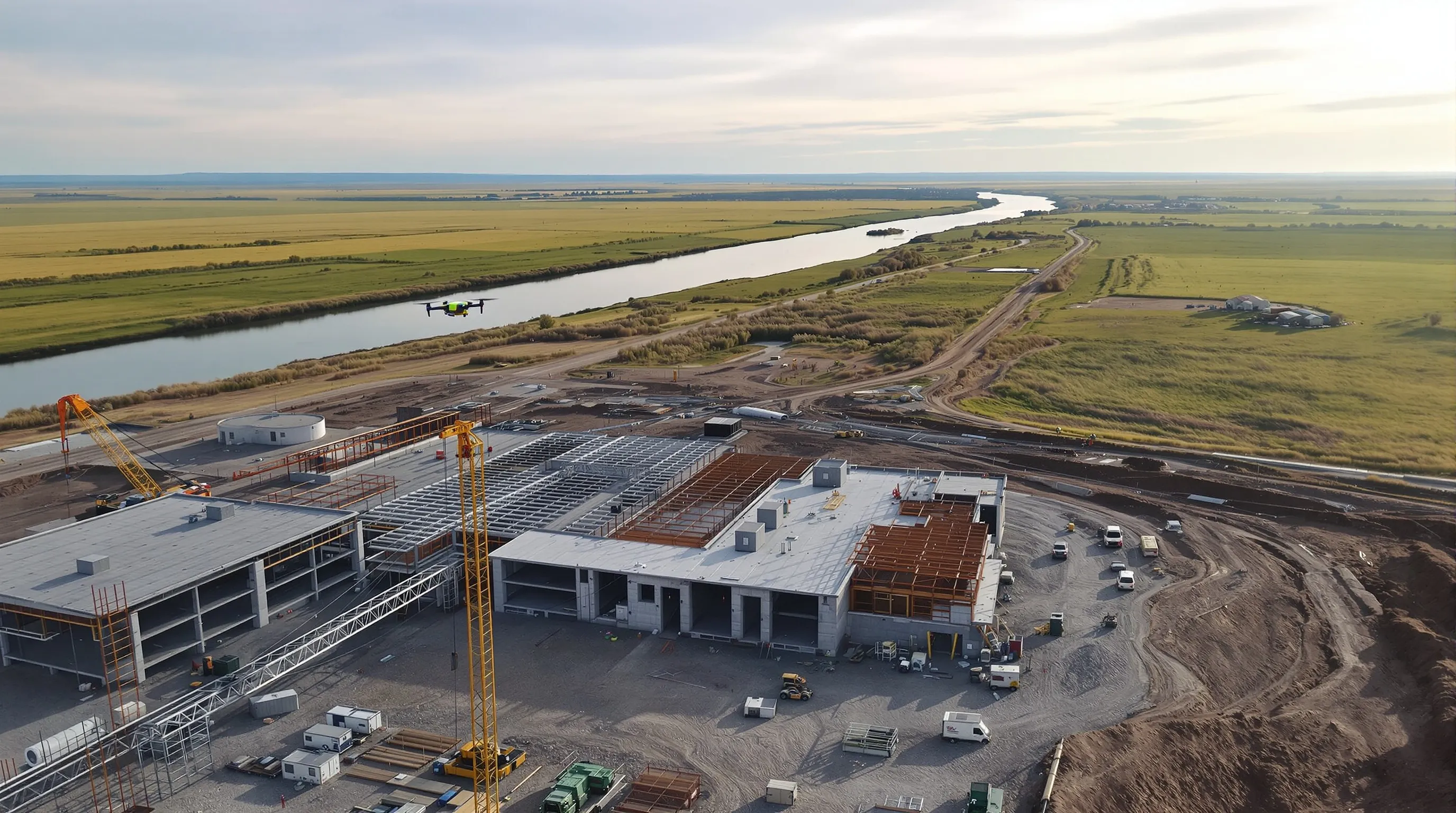 aerial imaging in progress at a construction site in Great Falls, MT with local terrain visible