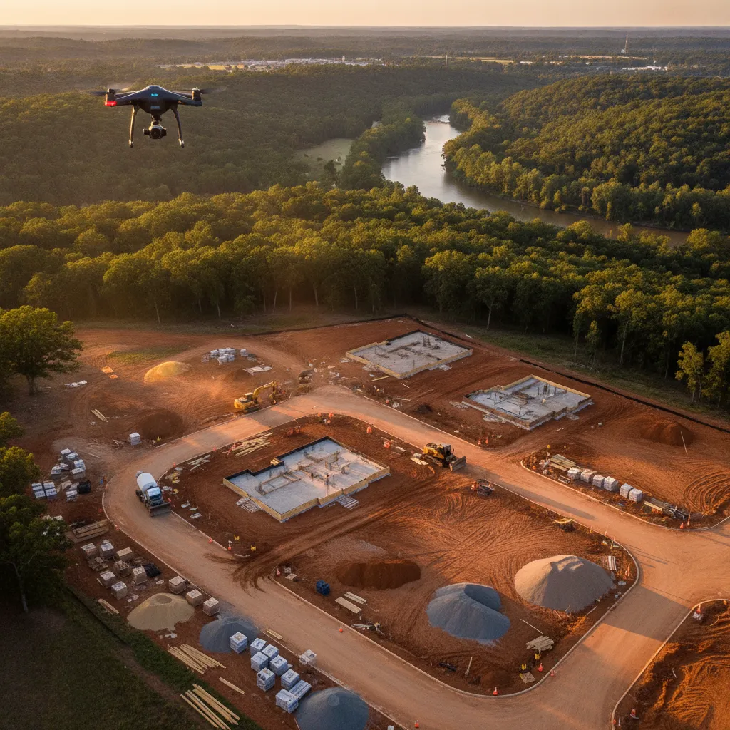 aerial imaging in progress at a construction site in Greenwood, AR with local terrain visible