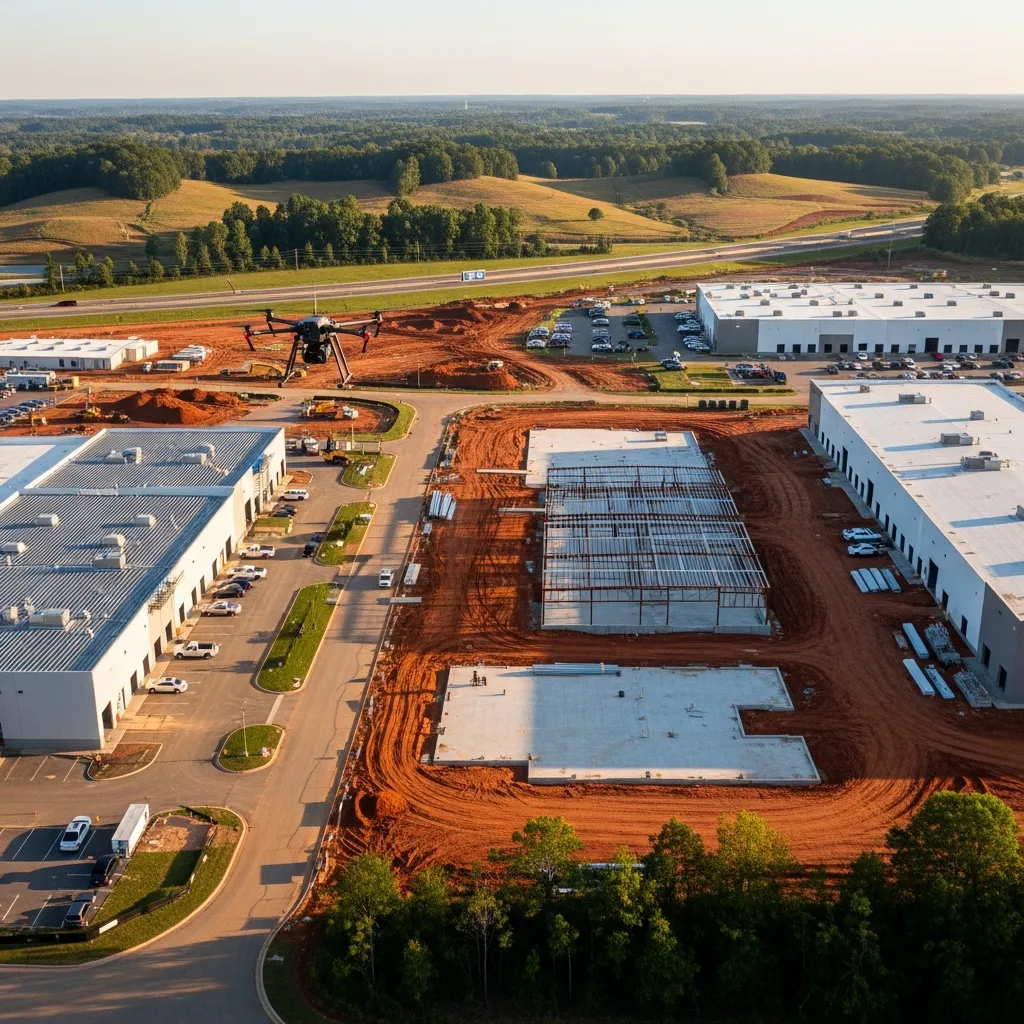 aerial imaging in progress at a construction site in Greer, SC with local terrain visible