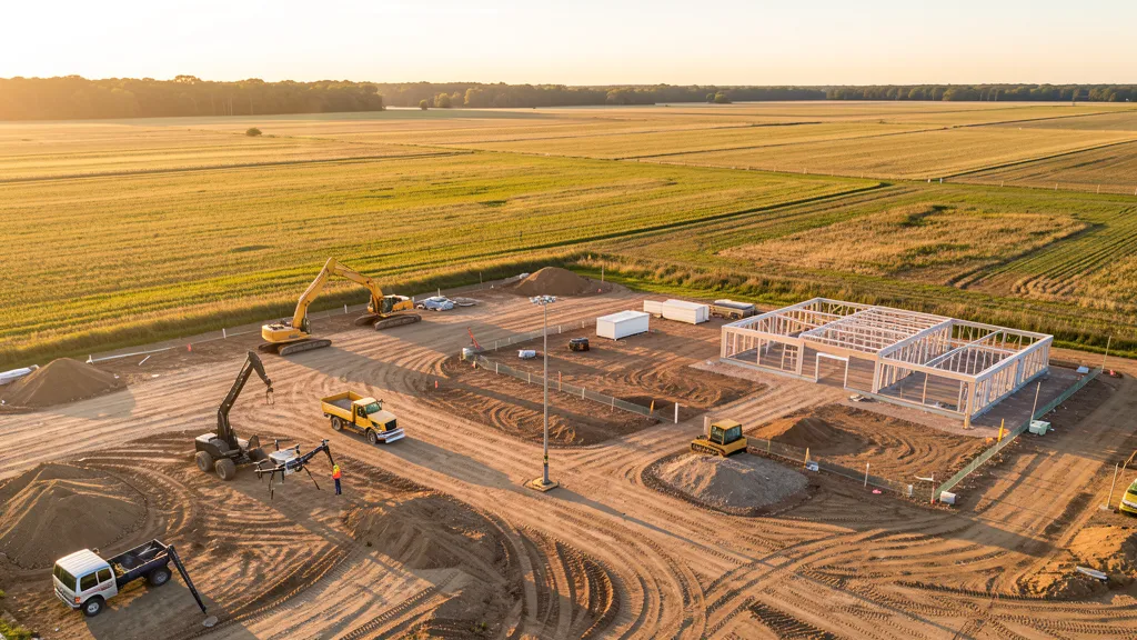 aerial imaging in progress at a construction site in Gurnee, IL with local terrain visible