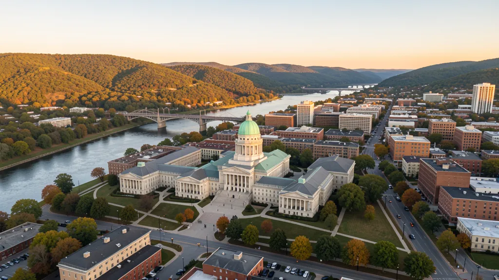 Aerial view of Harrisburg, PA showing the local landscape and terrain relevant to aerial imaging operations