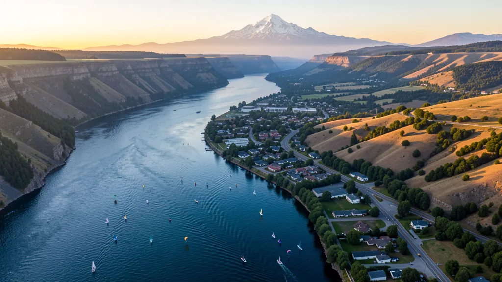 Aerial view of Hood River, OR showing the local landscape and terrain relevant to aerial imaging operations