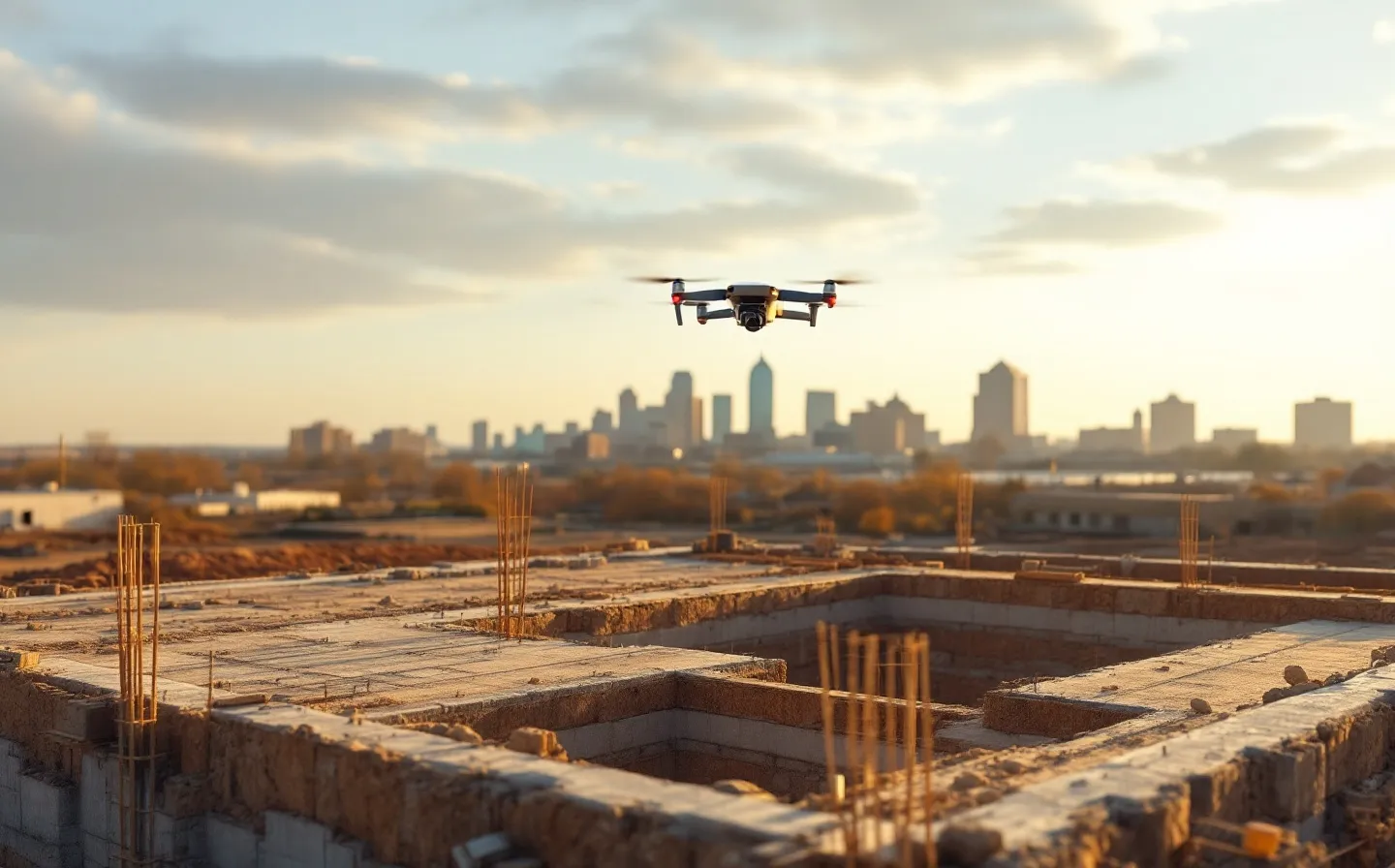 aerial imaging in progress at a construction site in Indianapolis, IN with local terrain visible