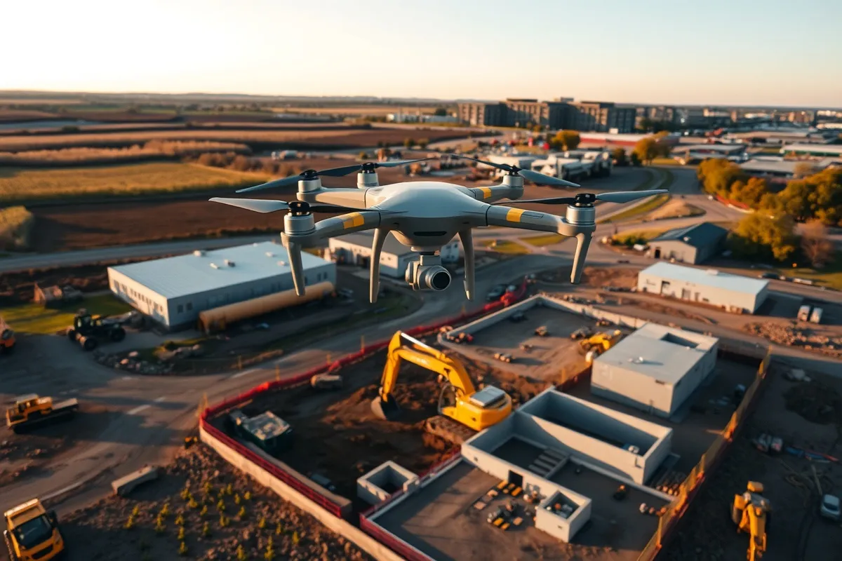 aerial imaging in progress at a construction site in Iowa City, IA with local terrain visible