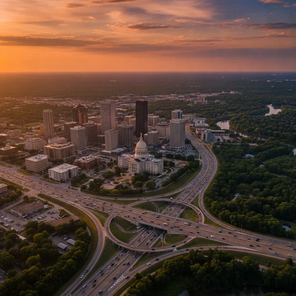 Aerial view of Jackson, MS showing the local landscape and terrain relevant to aerial imaging operations