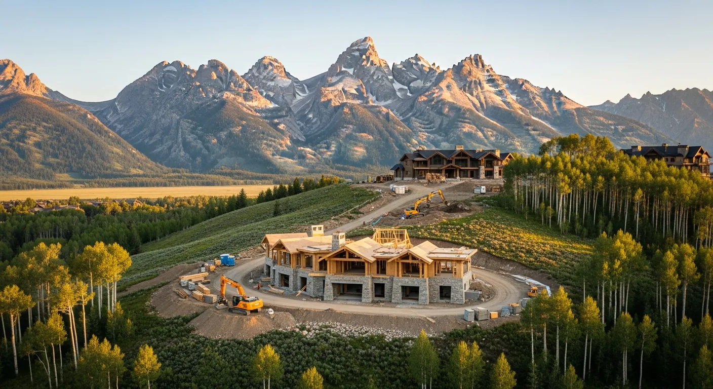 aerial imaging in progress at a construction site in Jackson, WY with local terrain visible