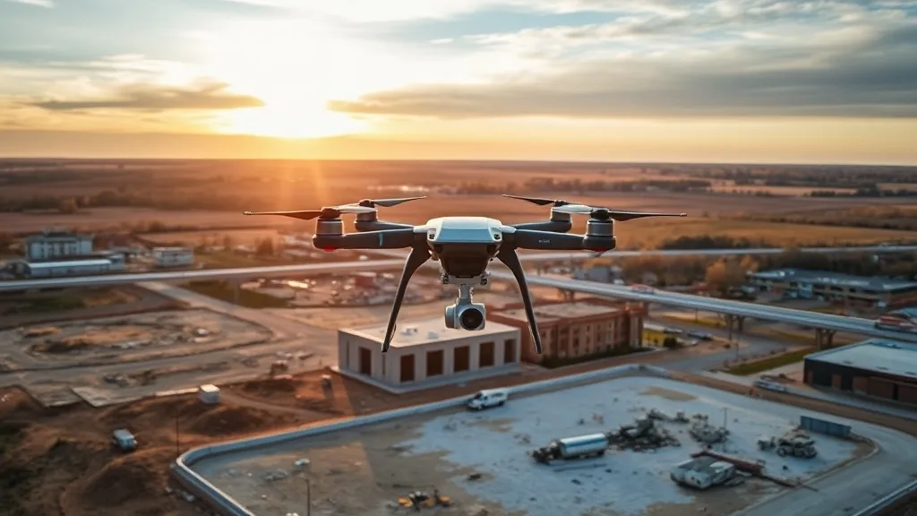 aerial imaging in progress at a construction site in Jacksonville, IL with local terrain visible