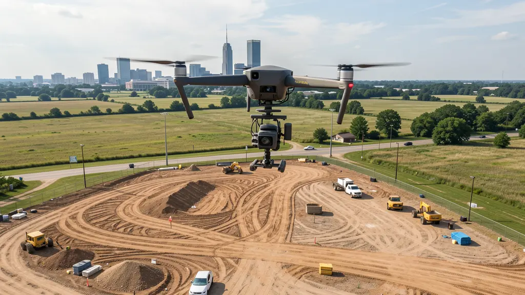 aerial imaging in progress at a construction site in Joplin, MO with local terrain visible