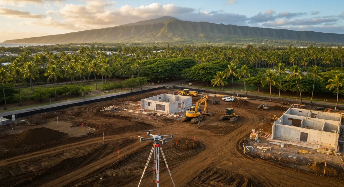 aerial imaging in progress at a construction site in Kapolei, HI with local terrain visible