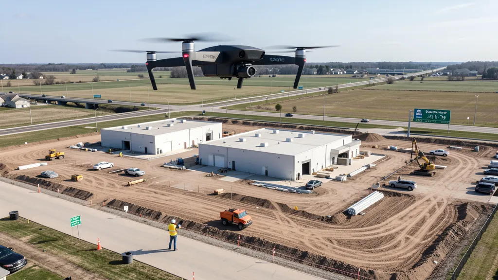 aerial imaging in progress at a construction site in Kentwood, MI with local terrain visible
