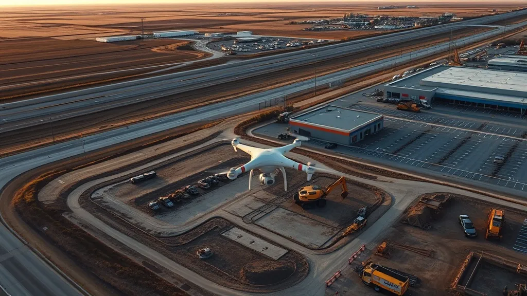 aerial imaging in progress at a construction site in La Vista, NE with local terrain visible