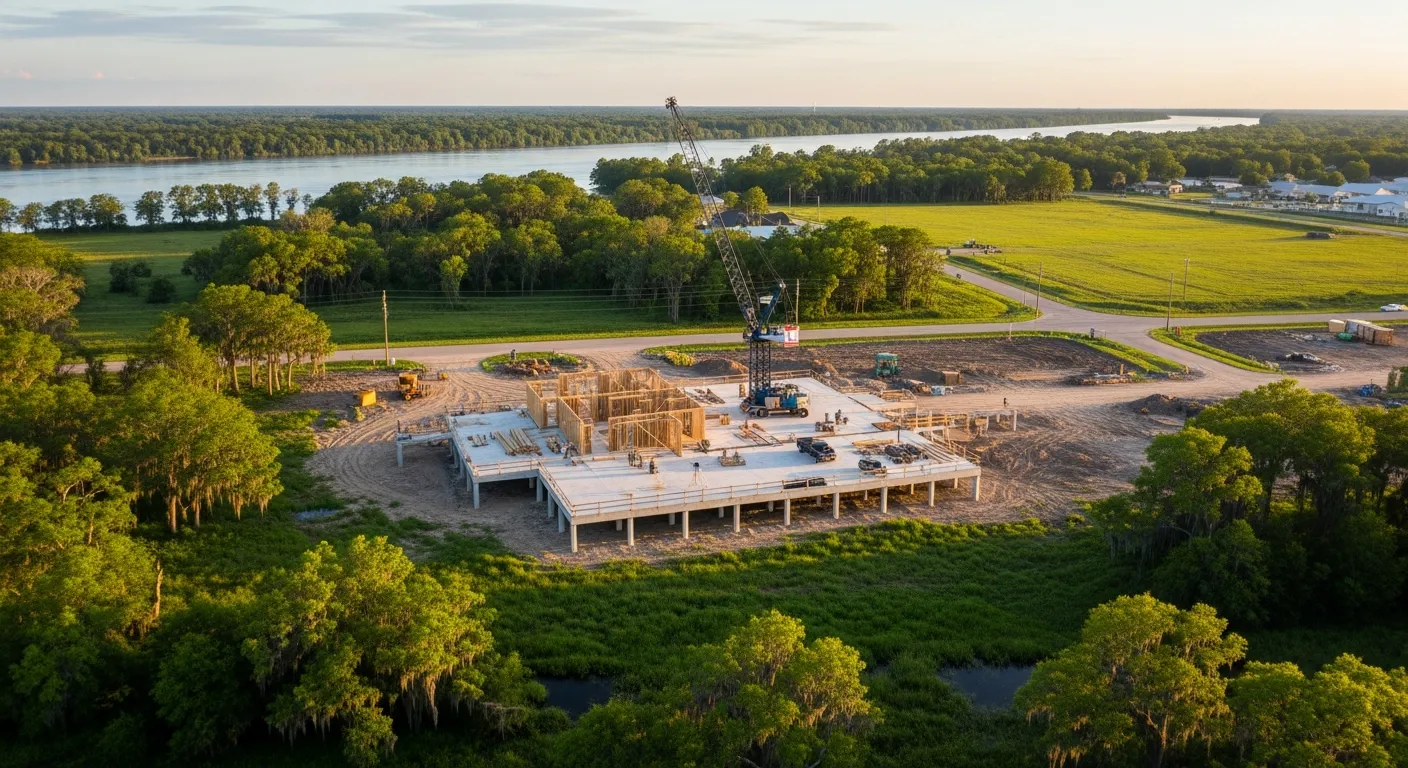 aerial imaging in progress at a construction site in Lafayette, LA with local terrain visible