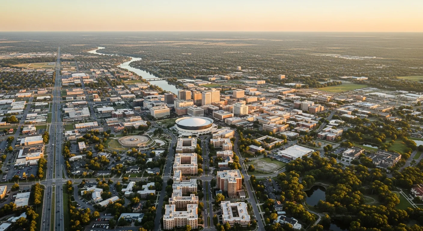 Aerial view of Lafayette, LA showing the local landscape and terrain relevant to aerial imaging operations