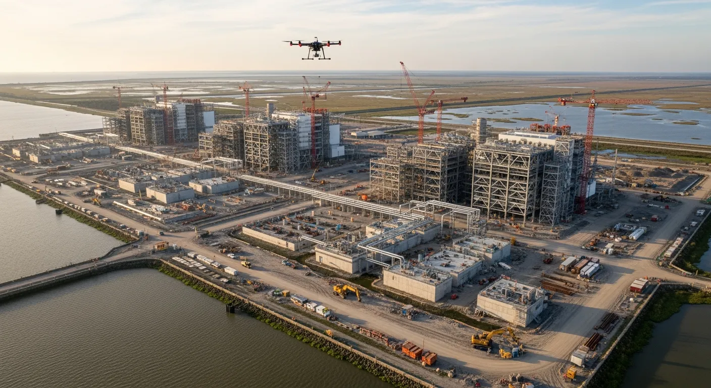 aerial imaging in progress at a construction site in Lake Charles, LA with local terrain visible