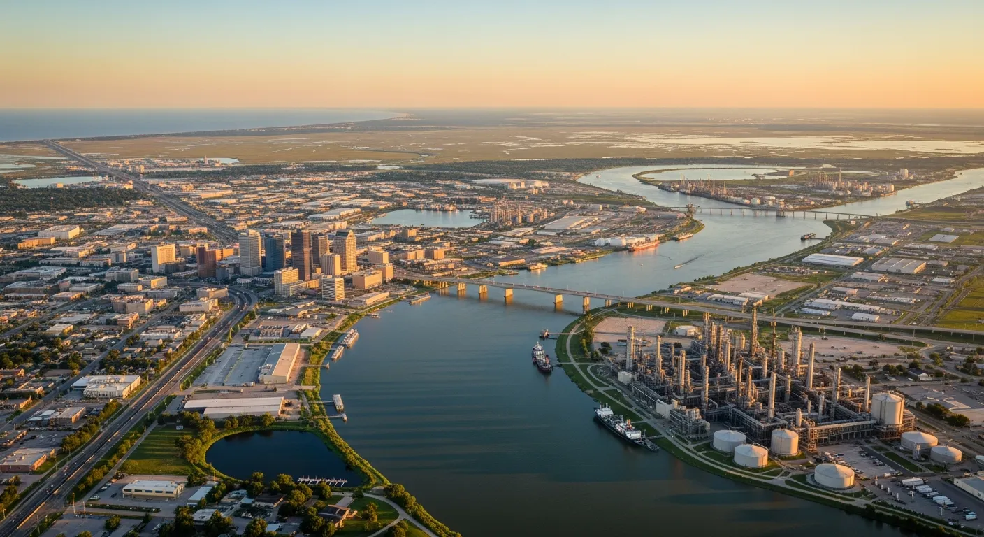 Aerial view of Lake Charles, LA showing the local landscape and terrain relevant to aerial imaging operations