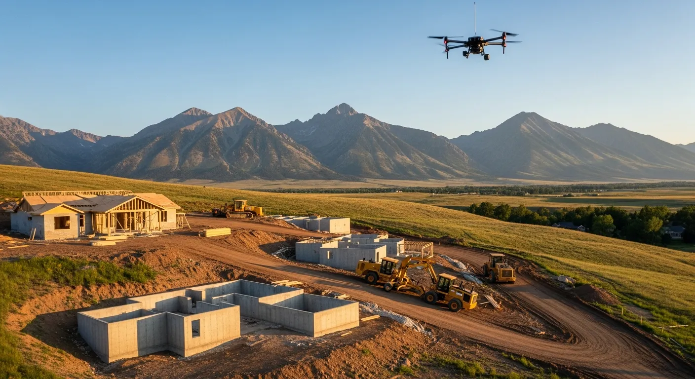 aerial imaging in progress at a construction site in Lander, WY with local terrain visible
