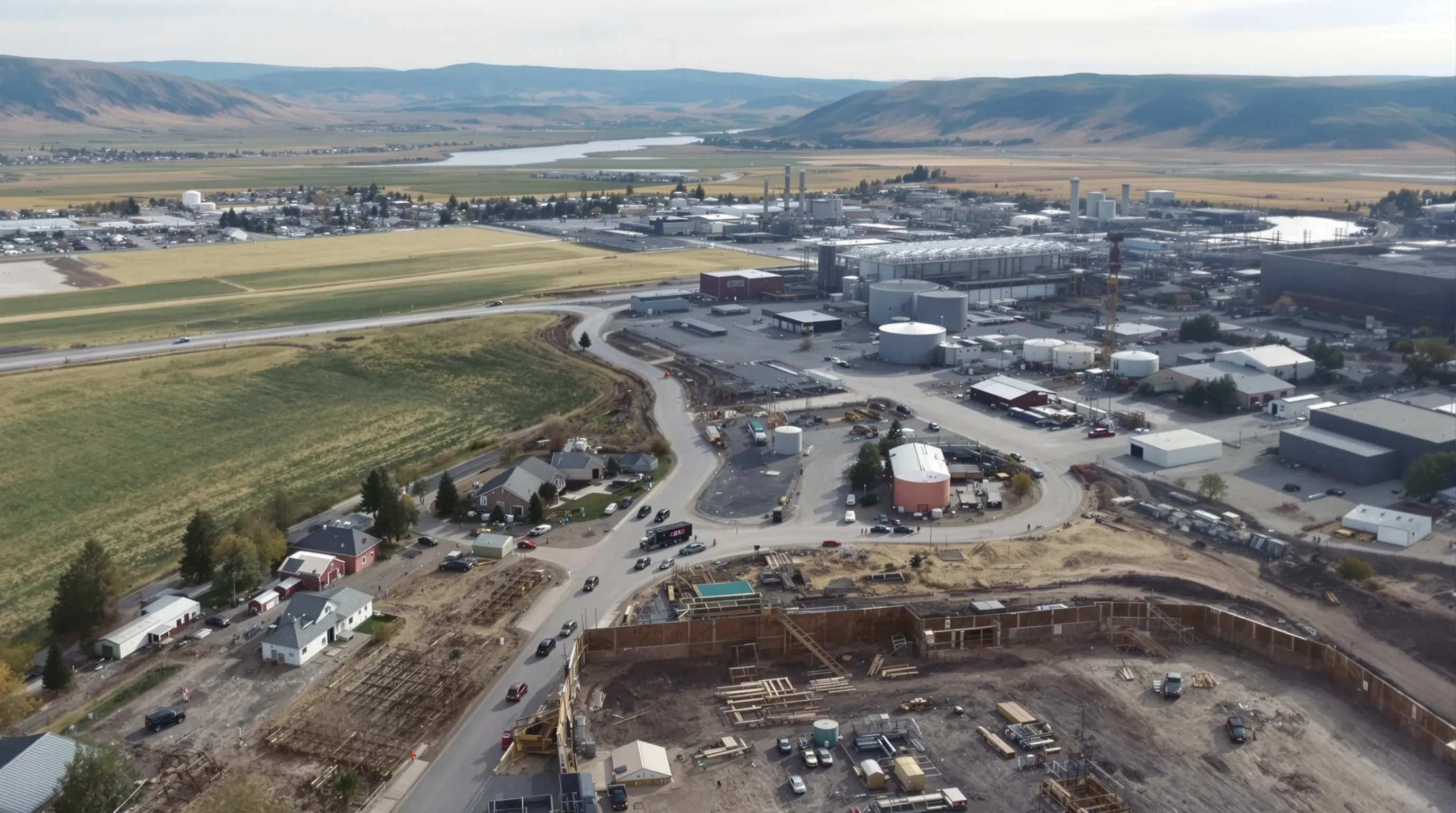 aerial imaging in progress at a construction site in Laurel, MT with local terrain visible