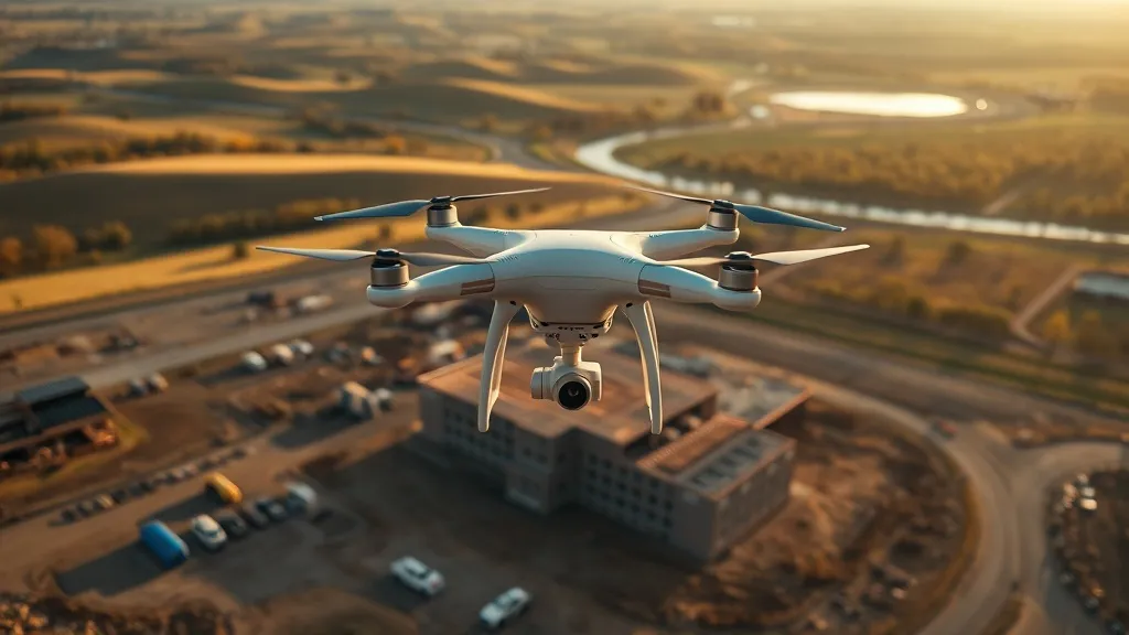 aerial imaging in progress at a construction site in Lawrence, KS with local terrain visible