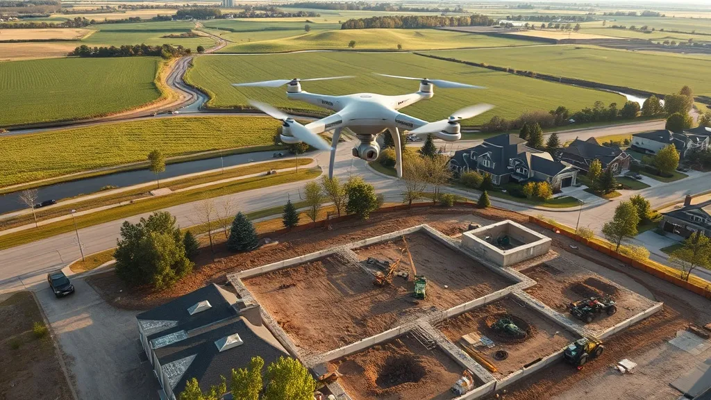 aerial imaging in progress at a construction site in Leawood, KS with local terrain visible