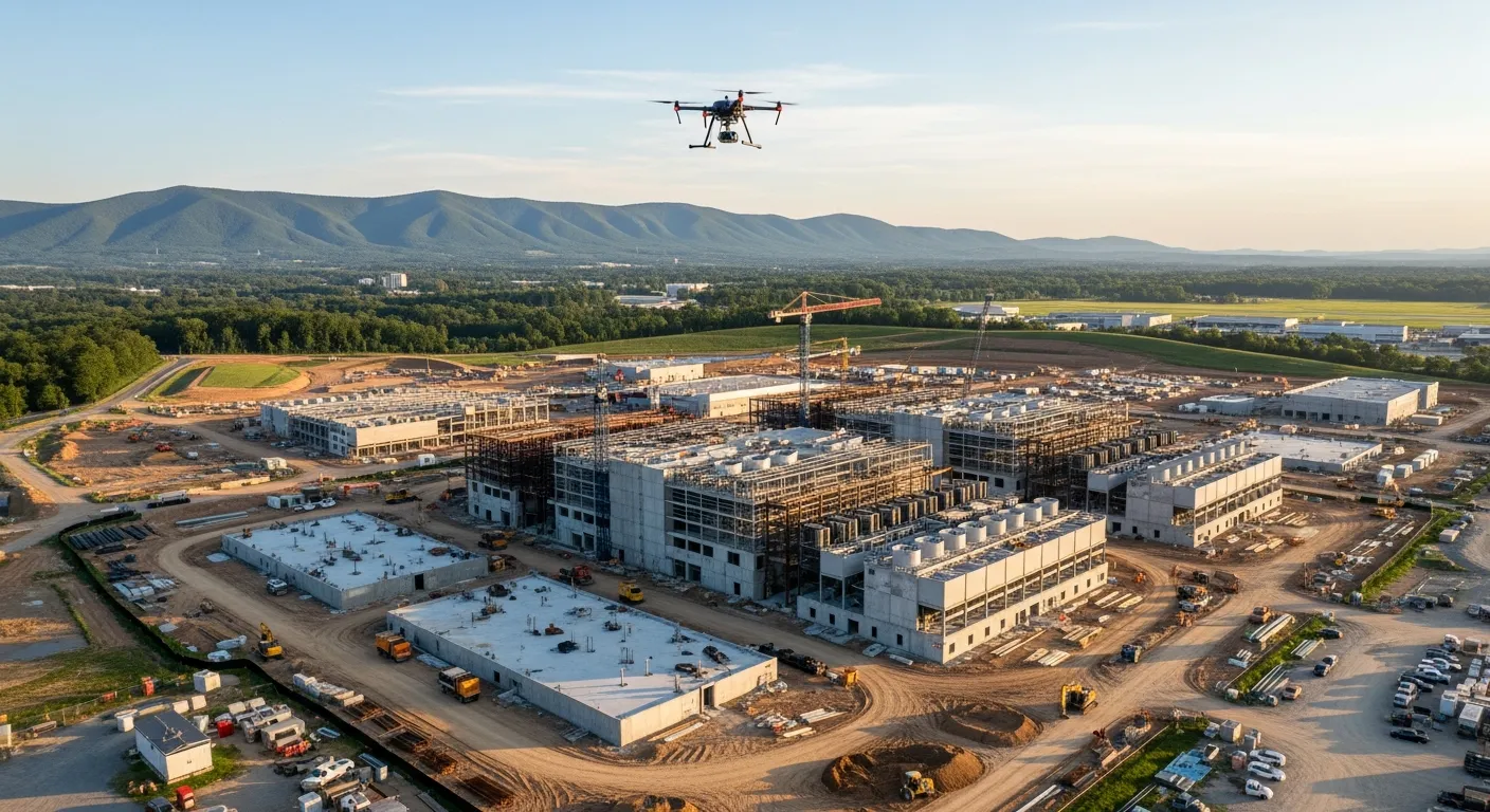aerial imaging in progress at a construction site in Leesburg, VA with local terrain visible