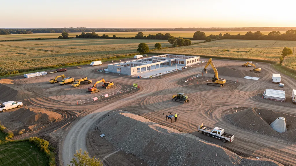 aerial imaging in progress at a construction site in Libertyville, IL with local terrain visible
