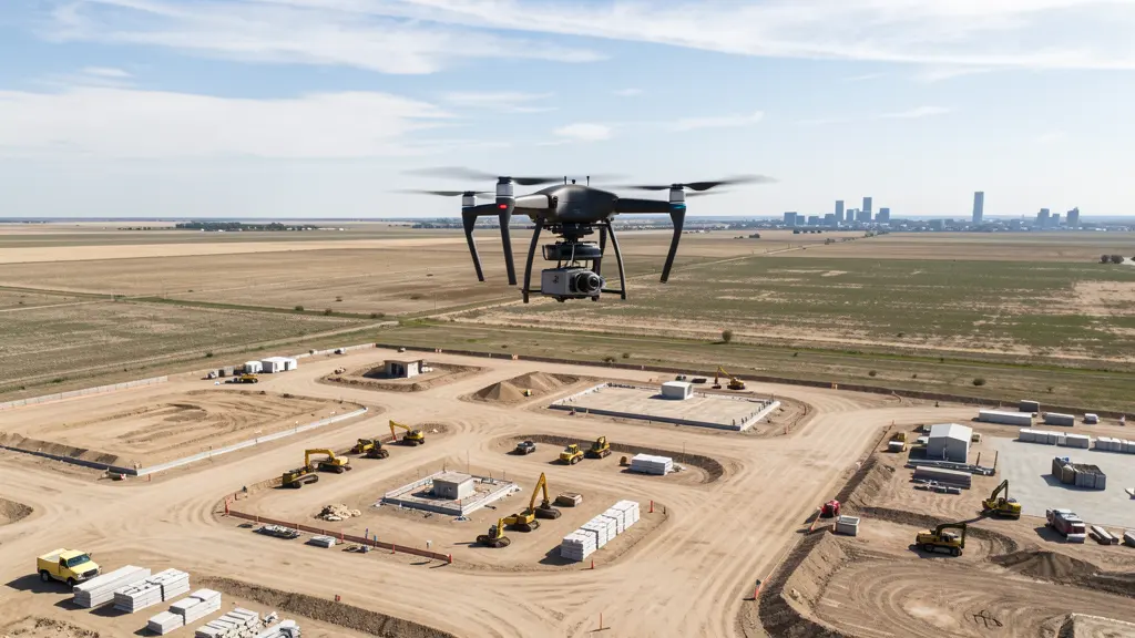 aerial imaging in progress at a construction site in Lincoln, NE with local terrain visible
