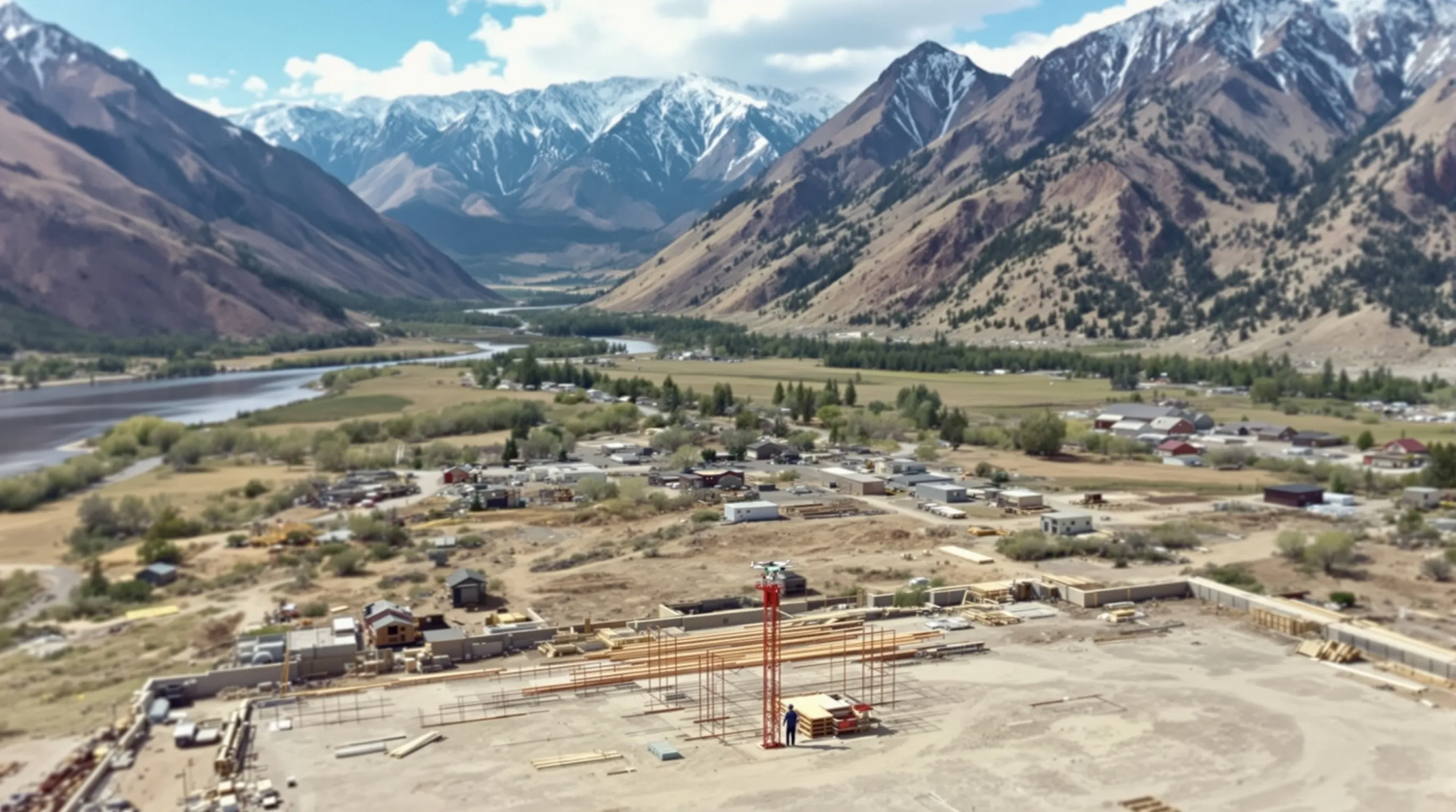 aerial imaging in progress at a construction site in Livingston, MT with local terrain visible