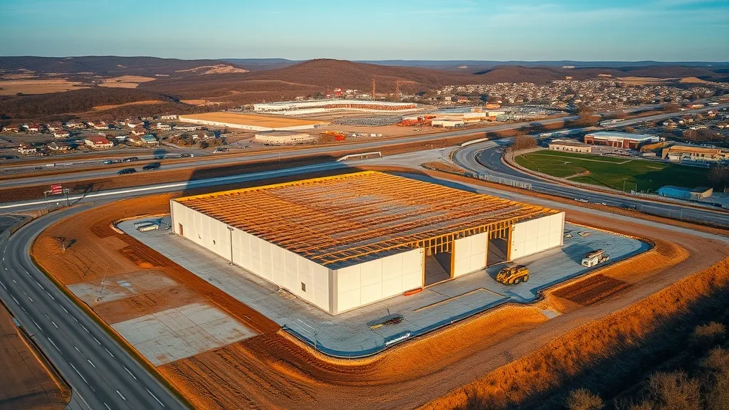 aerial imaging in progress at a construction site in Lowell, AR with local terrain visible