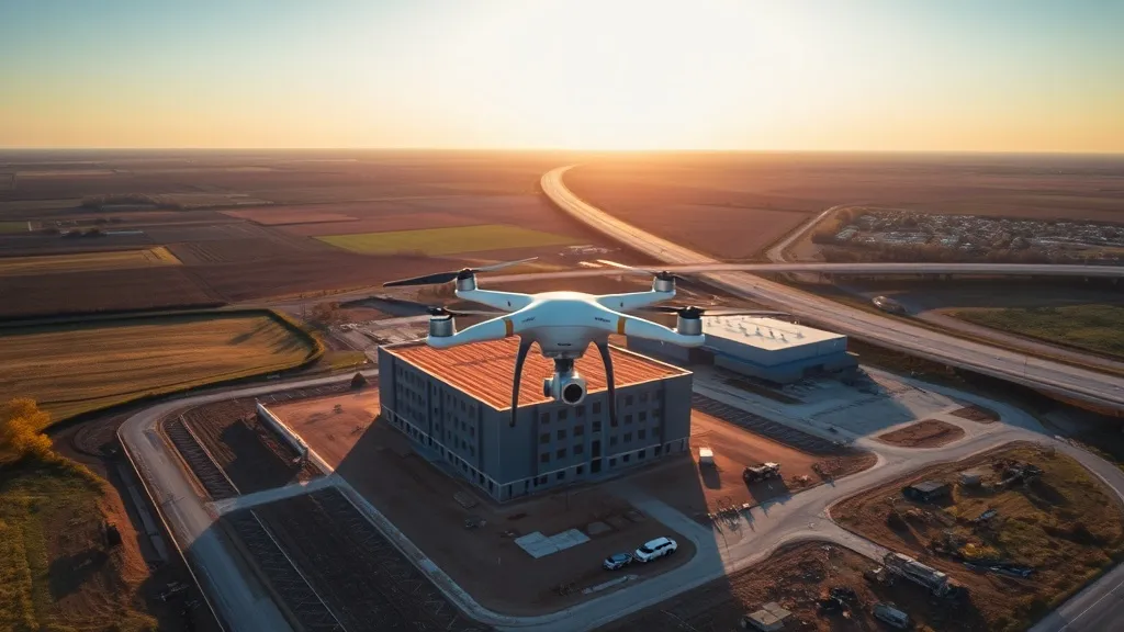 aerial imaging in progress at a construction site in Macomb, IL with local terrain visible