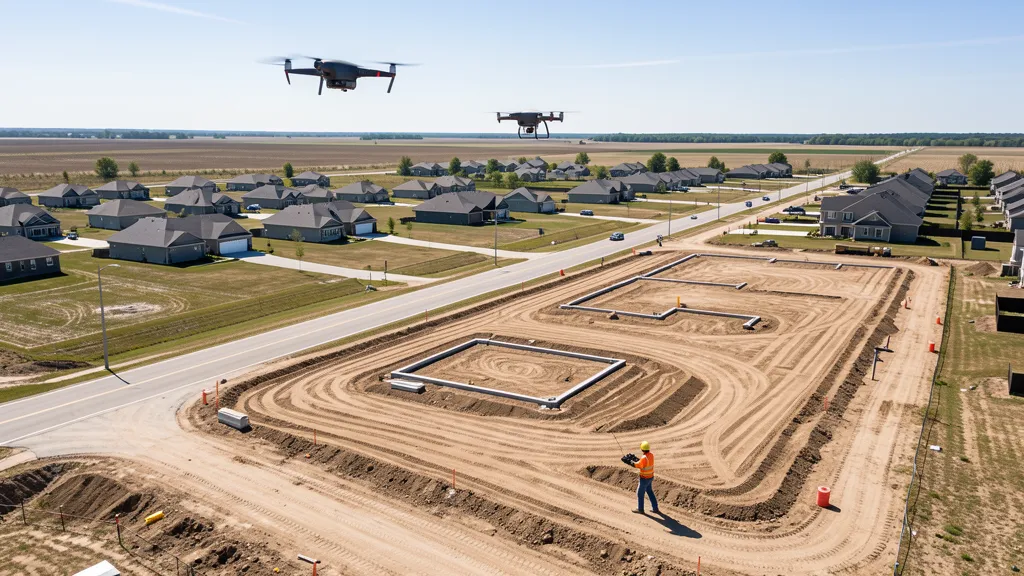 aerial imaging in progress at a construction site in Macomb Township, MI with local terrain visible