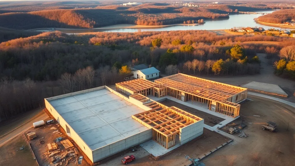 aerial imaging in progress at a construction site in Maumelle, AR with local terrain visible