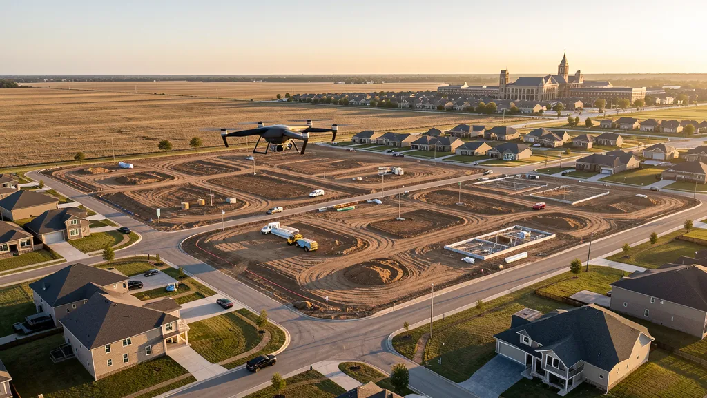 aerial imaging in progress at a construction site in McKinney, TX with local terrain visible