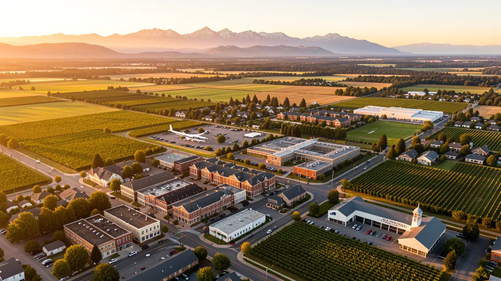 Aerial view of McMinnville, OR showing the local landscape and terrain relevant to aerial imaging operations