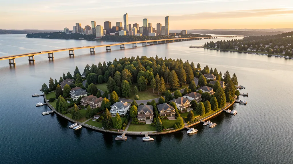 Aerial view of Mercer Island, WA showing the local landscape and terrain relevant to aerial imaging operations