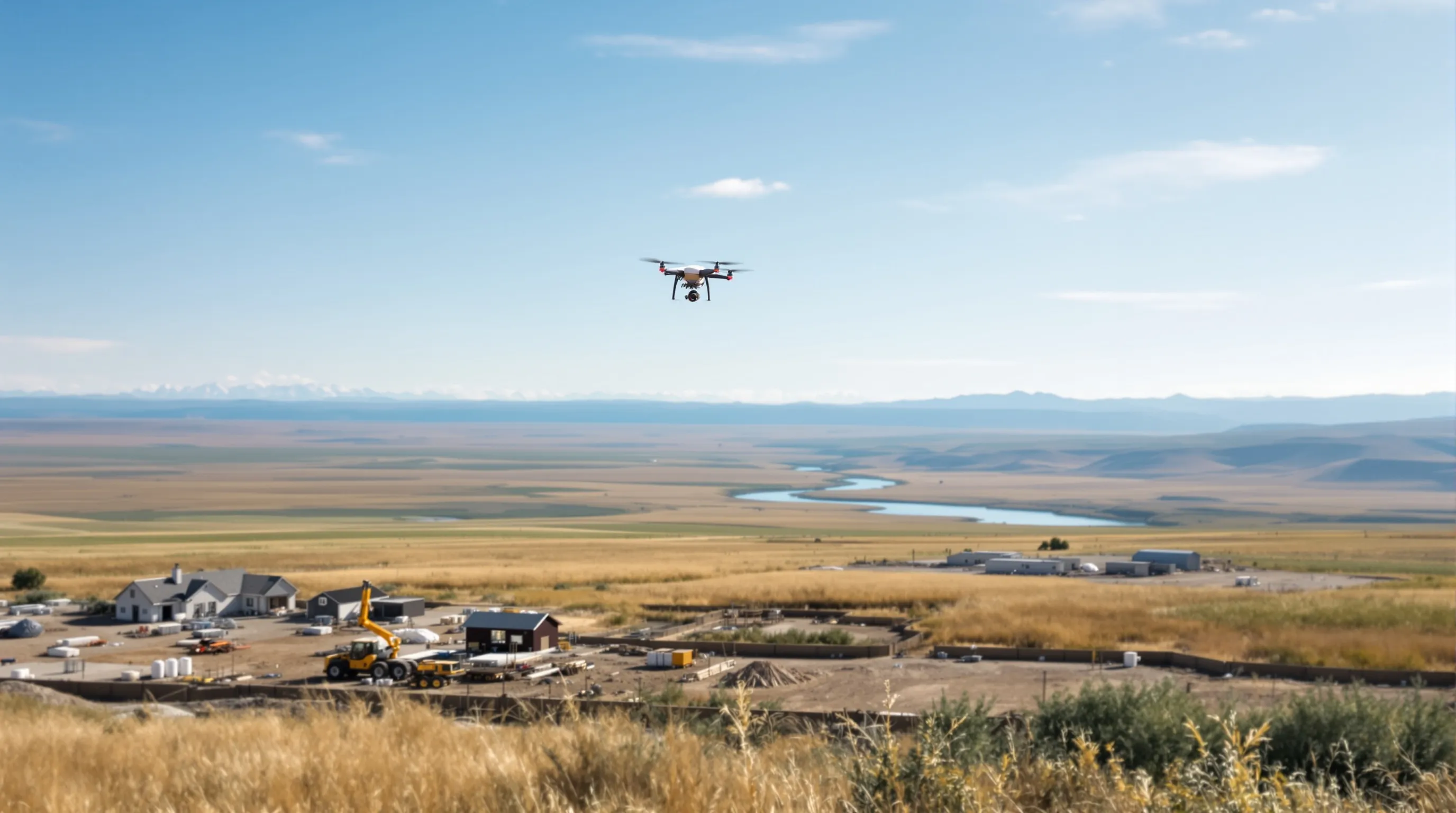 aerial imaging in progress at a construction site in Miles City, MT with local terrain visible