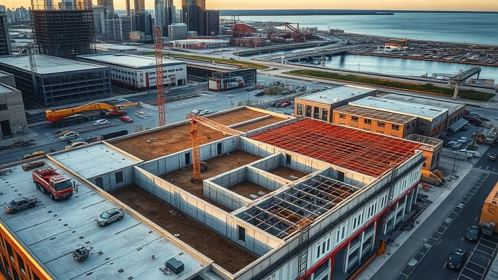 aerial imaging in progress at a construction site in Milwaukee, WI with local terrain visible