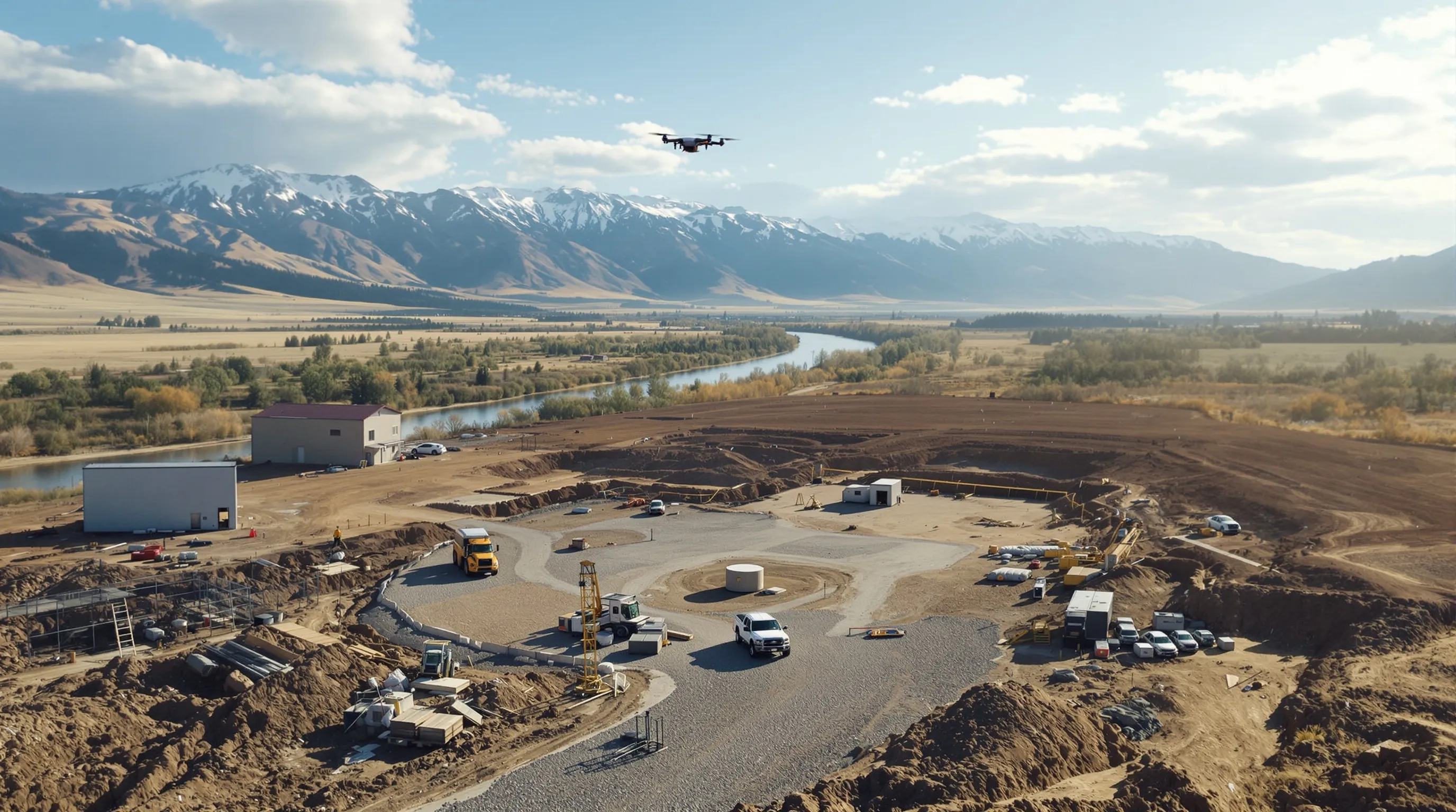 aerial imaging in progress at a construction site in Missoula, MT with local terrain visible