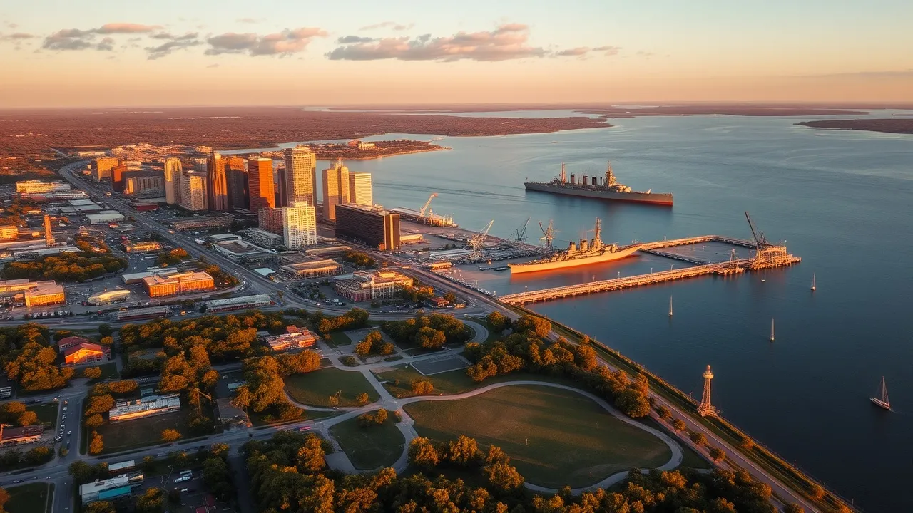 Aerial view of Mobile, AL showing the local landscape and terrain relevant to aerial imaging operations