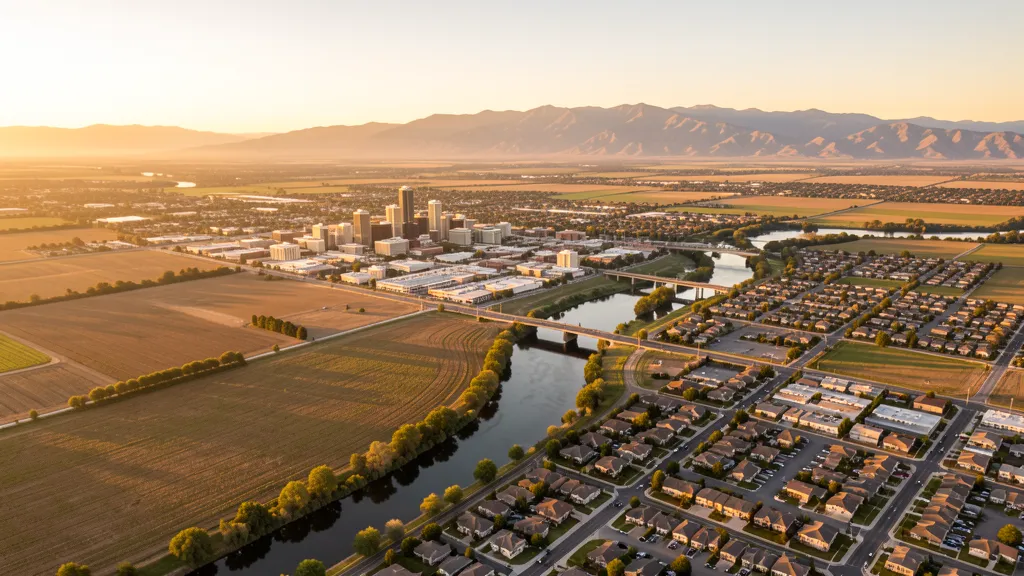 Aerial view of Modesto, CA showing the local landscape and terrain relevant to aerial imaging operations