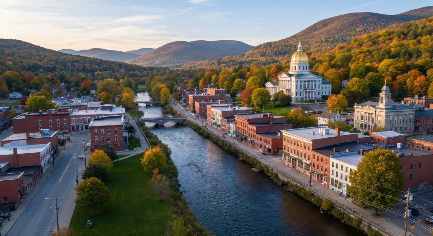 aerial imaging in progress at a construction site in Montpelier, VT with local terrain visible