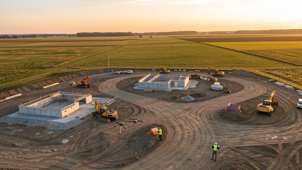 aerial imaging in progress at a construction site in Mount Prospect, IL with local terrain visible