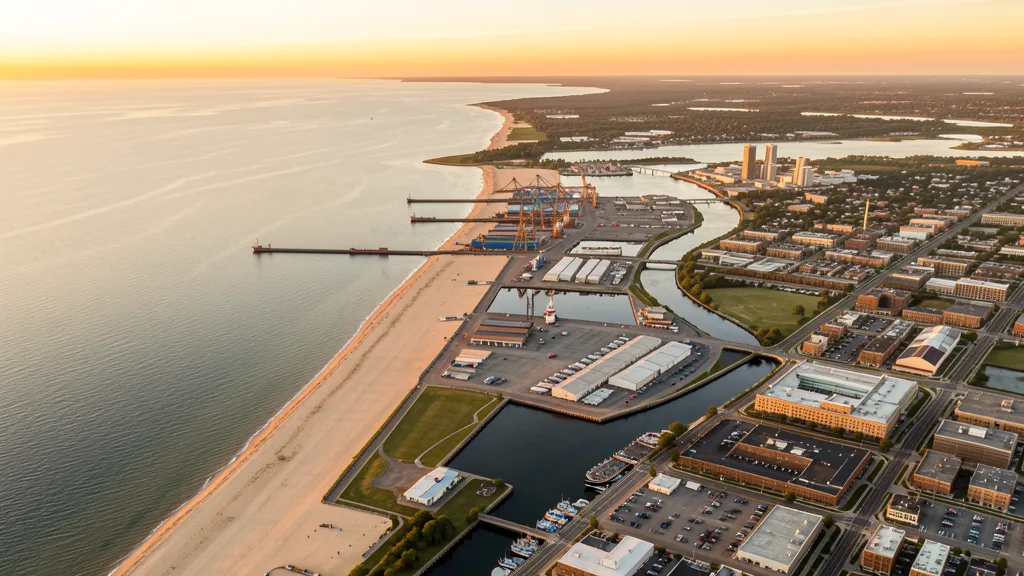 Aerial view of Muskegon, MI showing the local landscape and terrain relevant to aerial imaging operations