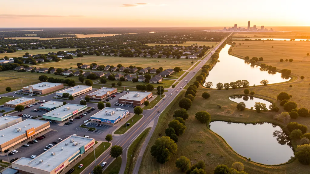 Aerial view of Mustang, OK showing the local landscape and terrain relevant to aerial imaging operations