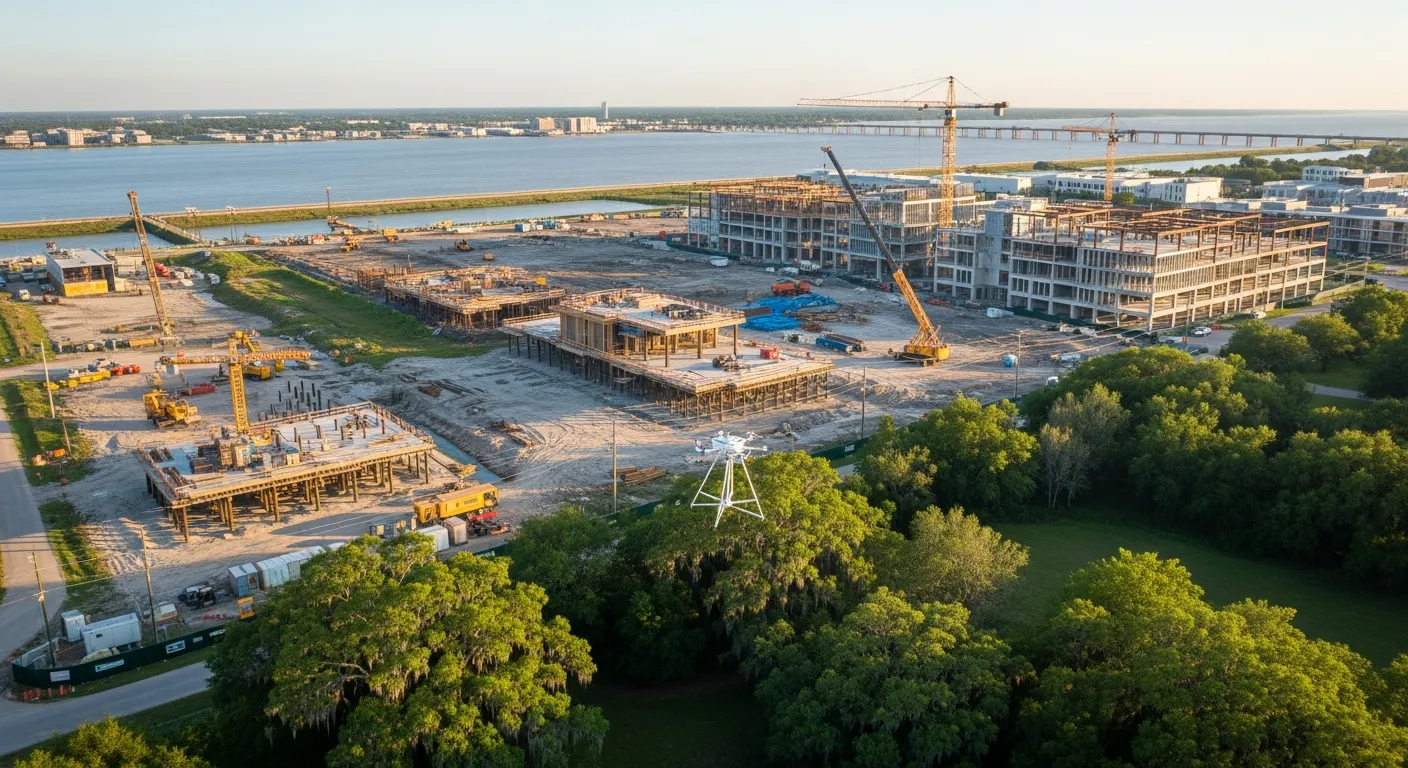aerial imaging in progress at a construction site in New Orleans, LA with local terrain visible